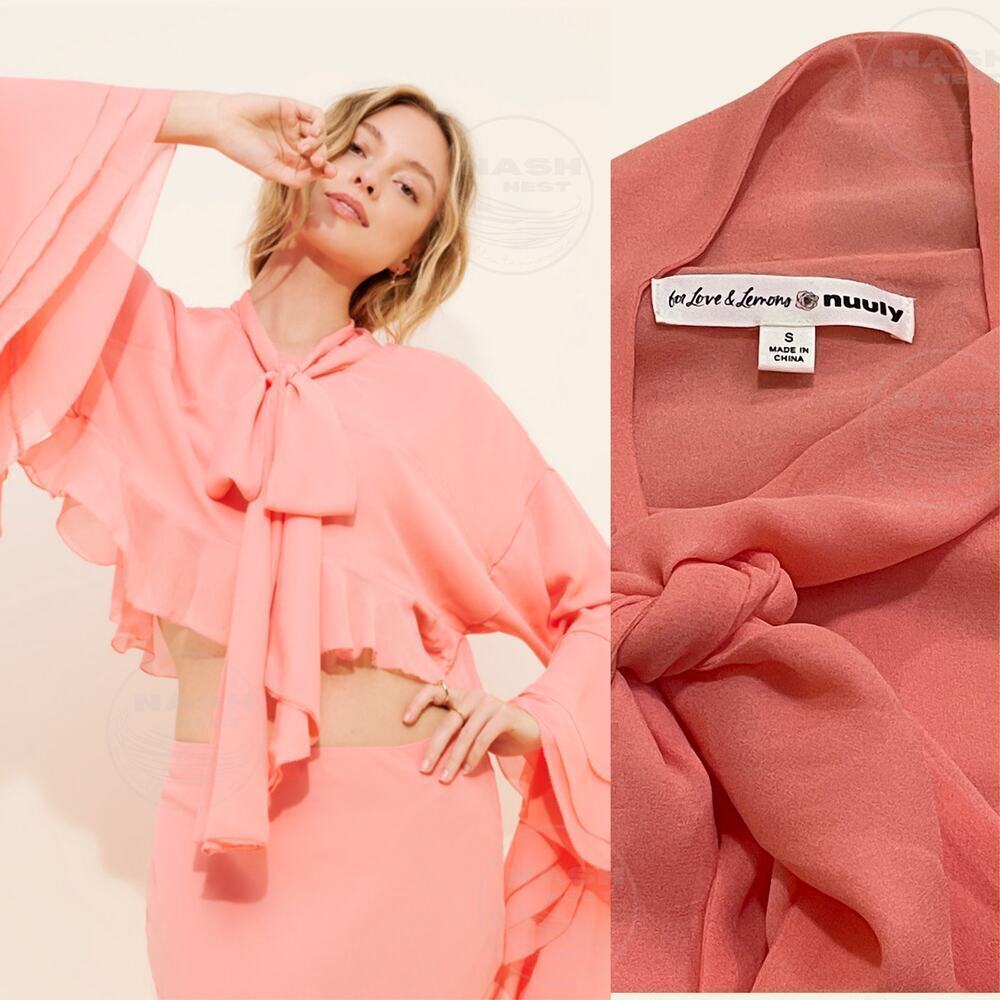 For Love & Lemons Joana Crop Top Coral | Ruffle Bell Sleeve Tie Neck, S, $229